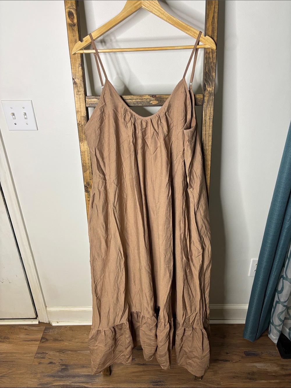 Noflik Spaghetti-Strap Ruffle-Hem Maxi Dress in Taupe Size L